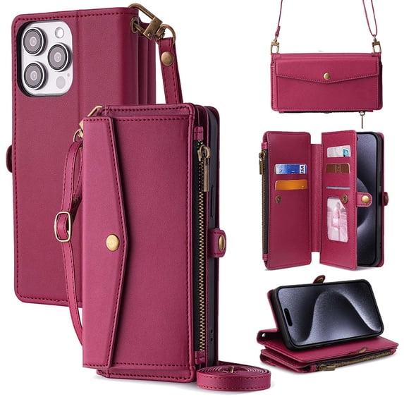 Crossbody Wallet Case for iPhone 13 Pro Max, PU Leather Zipper Wallet Detachable Magnetic Phone Case,Shockproof Protective Cover with pocket Credit Card Slots,with RFID Blocking Card Holder,Red