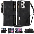 thumbnail image 1 of Crossbody Wallet Case for iPhone 13 Pro Max, Premium PU Leather Phone Case with RFID Blocking Card Holder Zipper, Wrist Strap & Lanyard, Flip Stand Purse Cover for iPhone 13 Pro Max, Black, 1 of 9