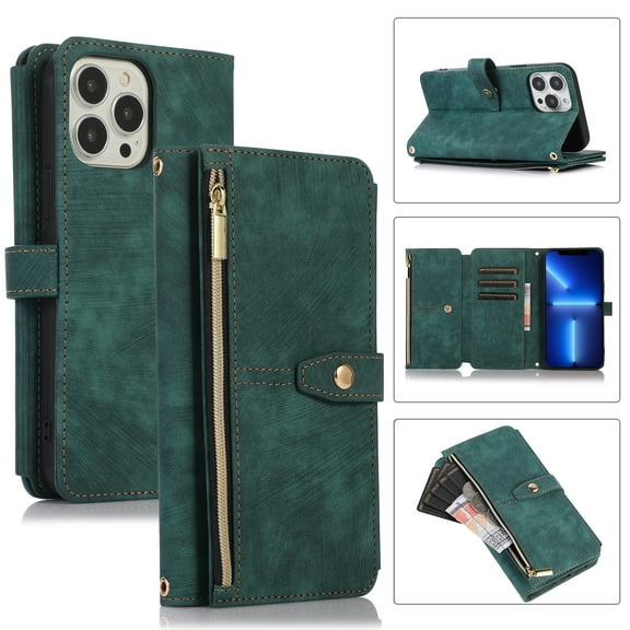 Crossbody Wallet Case for iPhone 13 Pro Max with RFID Blocking Card Slot Holder, Magnetic Flip Folio Purse Case, PU Leather Zipper Handbag with Detachable Lanyard Strap Phone Case,Darkgreen
