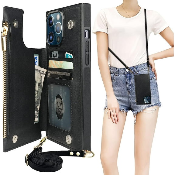 Crossbody Wallet Case for iPhone 13 Pro Max with RFID Blocking Card Slot Holder, Magnetic Flip Folio Purse Case, PU Leather Zipper Handbag with Detachable Lanyard Strap 6.7 Inch 5G (Black)