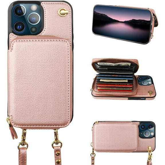 Crossbody Wallet Case for iPhone 13 Pro Max, RFID Blocking Leather Purse Case with Card Holder, Protective Handbag Flip Cover with Zipper Wrist Strap Lanyard for Women 5G 6.7 Inch (Rose Gold)