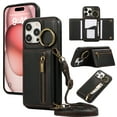 thumbnail image 1 of Crossbody Wallet Case for iPhone 13 Pro Max, with Shoulder Strap Card Slots Ring Holder, Magnetic Flip Folio Zipper Purse Case, PU Leather Kickstand Cover Handbag for iPhone 13 Pro Max, Black, 1 of 10