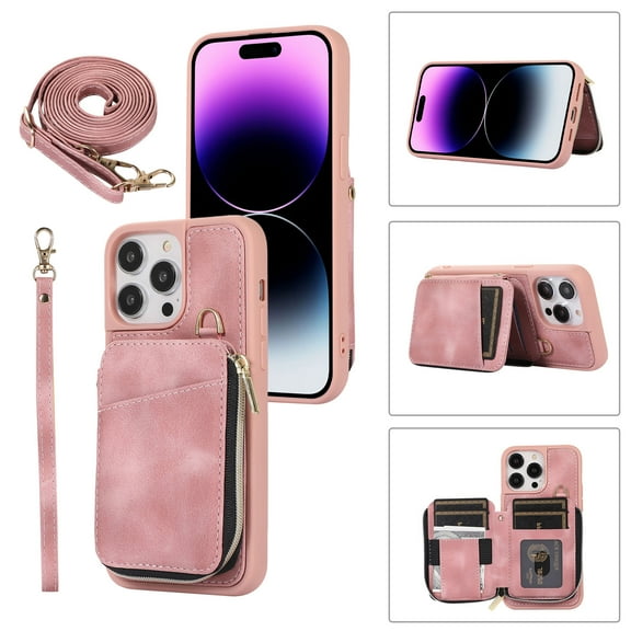 Crossbody Wallet Case for iPhone 13 Pro Max, Zipper Pocket Case with Card Holder, PU Leather Protective Cover Case with Kickstand Detachable Wrist Strap Lanyard for 6.7", Pink