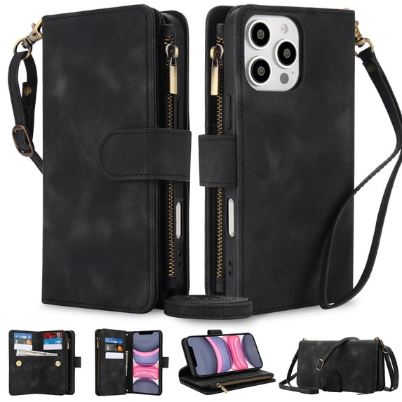 Crossbody Wallet Case for iPhone 13 Pro, Premium PU Leather Phone Case with RFID Blocking Card Holder Zipper, Wrist Strap & Lanyard, Flip Stand Purse Cover for iPhone 13 Pro, Black
