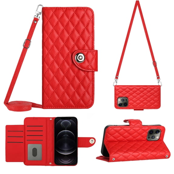 Crossbody Wallet Case for iPhone 13 Pro RFID Blocking Elegant Premium Leather Purse with Credit Card Holder, Shoulder Strap Kickstand Handbag Flip Cover For iPhone 13 Pro, Red