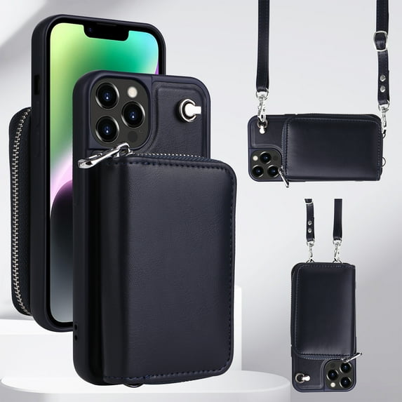 Crossbody Wallet Case for iPhone 13 Pro, RFID Blocking Leather Purse Case with Card Holder Kickstand, Protective Handbag Back Flip Phone Cover with Zipper Shoulder Strap for Women, Black