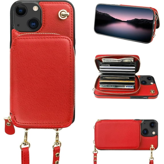 Crossbody Wallet Case for iPhone 13, RFID Blocking Leather Purse Case with Card Holder, Protective Handbag Flip Cover with Zipper Wrist Strap Lanyard for Women 5G 6.1 Inch (Red)