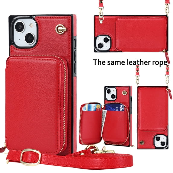 Crossbody Wallet Case for iPhone 13, RFID Blocking PU Leather Zipper Handbag Purse Flip Cover, Kickstand Case with Card Slots Holder Wrist Strap Lanyard For iPhone 13, Red