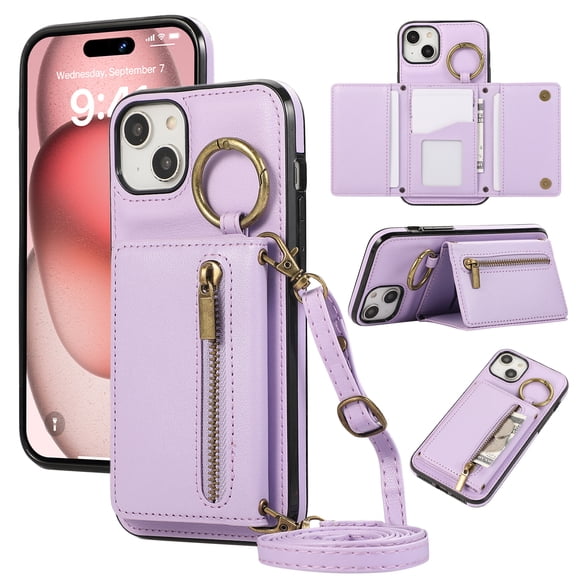 Crossbody Wallet Case for iPhone 13, with Shoulder Strap Card Slots Ring Holder, Magnetic Flip Folio Zipper Purse Case, PU Leather Kickstand Cover Handbag for iPhone 13, Purple