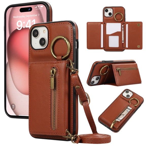 Crossbody Wallet Case for iPhone 13, with Shoulder Strap Card Slots Ring Holder, Magnetic Flip Folio Zipper Purse Case, PU Leather Kickstand Cover Handbag for iPhone 13, Coffee