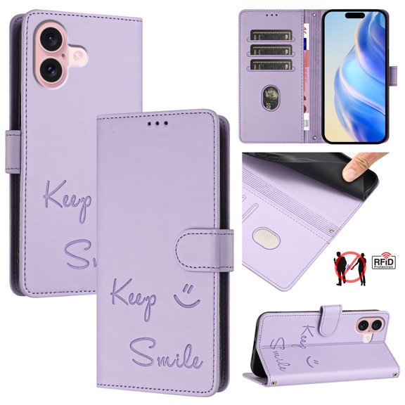 Crossbody Wallet Case for iPhone 13, Smile Pattern PU Leather Phone Case with Kickstand RFID Blocking Card Slots, Magnetic Closure Folio Cover with Wrist Strap Lanyard, Purple