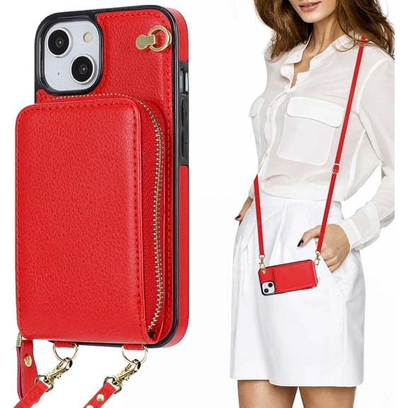 Crossbody Wallet Case for iPhone 13 iPhone 14, Zipper Pocket Case with Card Holder, PU Leather RFID Blocking Protective Cover Case with Kickstand Detachable Wrist Strap Lanyard 6.1" (Red)