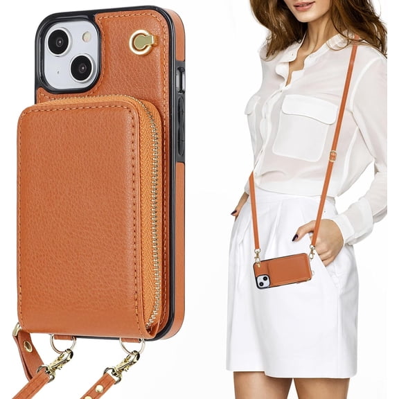 Crossbody Wallet Case for iPhone 13 iPhone 14, Zipper Pocket Case with Card Holder, PU Leather RFID Blocking Protective Cover Case with Kickstand Detachable Wrist Strap Lanyard 6.1" (Brown)