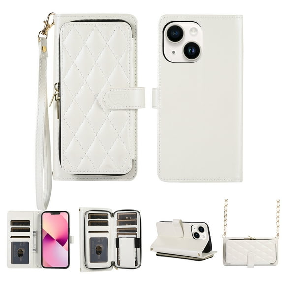Crossbody Wallet Case for iPhone 14 Chain Lanyard & Wrist Hand Strap Case with Card Slots Zipper Pocket Kickstand, Premium PU Leather Magnetic Clasp Shockproof Flip Cover, White