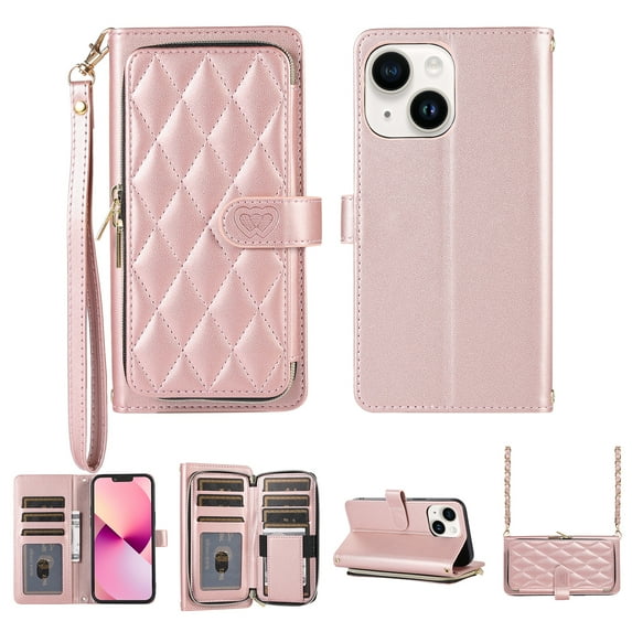 Crossbody Wallet Case for iPhone 14 Chain Lanyard & Wrist Hand Strap Case with Card Slots Zipper Pocket Kickstand, Premium PU Leather Magnetic Clasp Shockproof Flip Cover, Rosegold