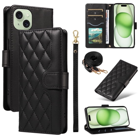 Crossbody Wallet Case for iPhone 14, Credit Card Slots Elegant PU Leather Magnetic Closure Shoulder Strap Purse Phone Case Flip Kickstand Full Body Protection Cover for Women Girls, Black