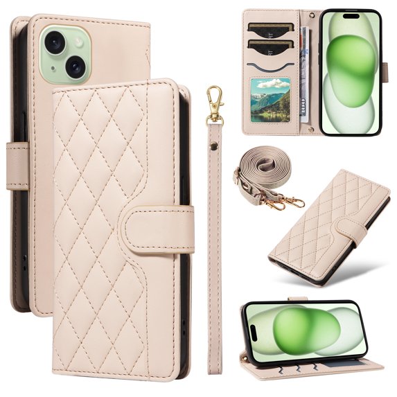 Crossbody Wallet Case for iPhone 14, Credit Card Slots Elegant PU Leather Magnetic Closure Shoulder Strap Purse Phone Case Flip Kickstand Full Body Protection Cover for Women Girls, Beige
