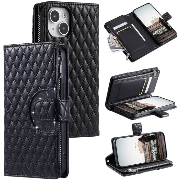 Crossbody Wallet Case for iPhone 14 Glitter PU Leather Phone Case with Card Slots Stand Wrist Strap Cover Magnetic Closure Flip Handbag Zipper Purse Case for Women Girls, Black