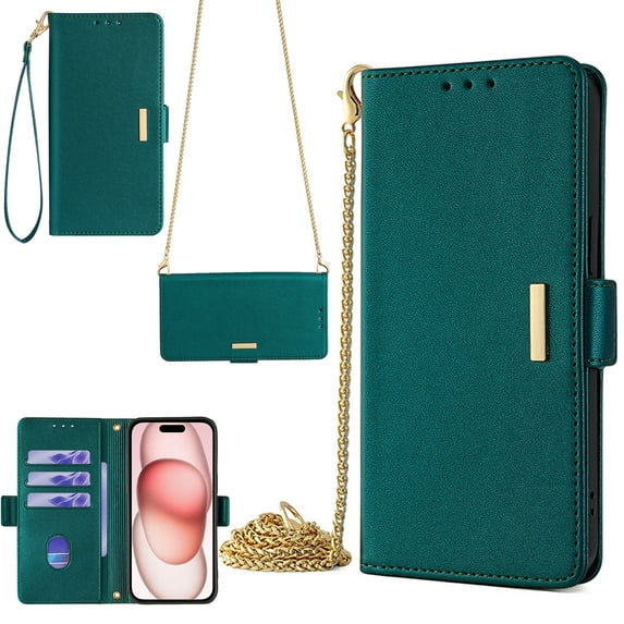 Crossbody Wallet Case for iPhone 14 with Lanyard Strap & Shoulder Strap & Card Slot Holder RFID Blocking,Magnetic Flip Kickstand Case, Luxury Elegent PU Leather Cover Handbag,Green