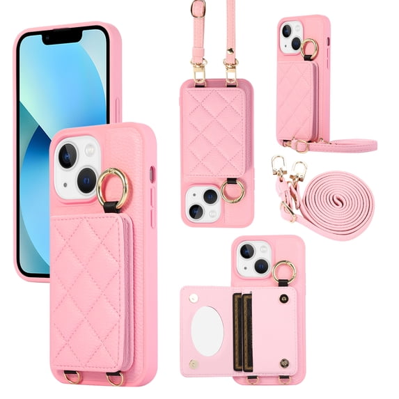 Crossbody Wallet Case for iPhone 14 with Make-up Mirror, PU Leather Lanyard Purse Magnetic Clasp Card Holder, Flip Kickstand Shockproof Phone Cover for iPhone 14, Pink