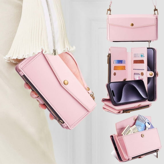 Crossbody Wallet Case for iPhone 14, PU Leather Zipper Wallet Detachable Magnetic Phone Case, Shockproof Protective Cover with pocket Credit Card Slots,with RFID Blocking Card Holder,Pink