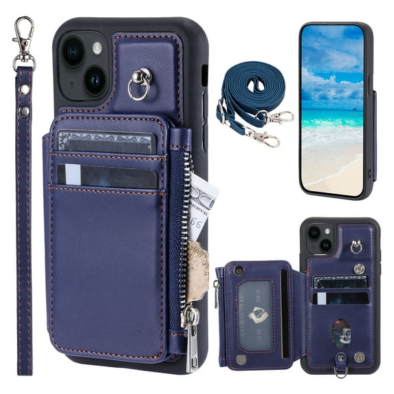 Crossbody Wallet Case for iPhone 14 Plus with Card Slot Holder, Magnetic Flip Folio Purse Case, PU Leather Zipper Handbag with Detachable Lanyard Strap & Shoulder Strap, Blue