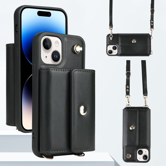 Crossbody Wallet Case for iPhone 14 Plus Card Slots Holder, Magnetic Snap Flip Folio Purse Case PU Leather Handbag with Detachable Shoulder Strap for iPhone 14 Plus, Green