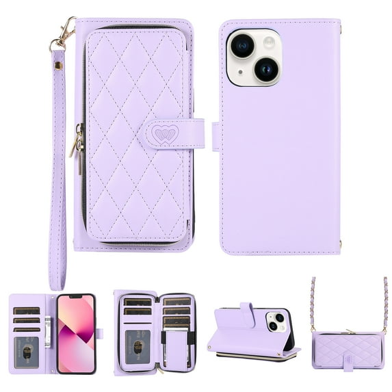 Crossbody Wallet Case for iPhone 14 Plus Chain Lanyard & Wrist Hand Strap Case with Card Slots Zipper Pocket Kickstand, Premium PU Leather Magnetic Clasp Shockproof Flip Cover, Purple
