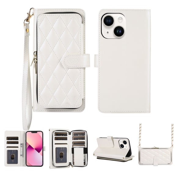 Crossbody Wallet Case for iPhone 14 Plus Chain Lanyard & Wrist Hand Strap Case with Card Slots Zipper Pocket Kickstand, Premium PU Leather Magnetic Clasp Shockproof Flip Cover, White