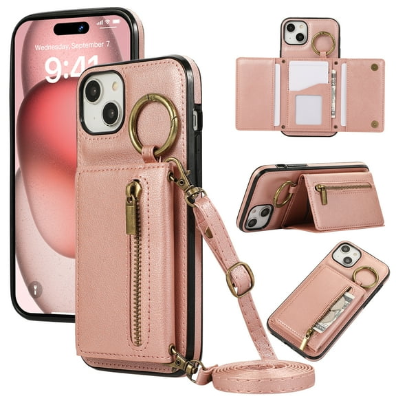 Crossbody Wallet Case for iPhone 14 Plus with Lanyard Strap Card Slot Holder RFID Blocking 360° Ring Kickstand,Magnetic Flip Folio Zipper Purse Case, PU Leather Cover Handbag,Rosegold