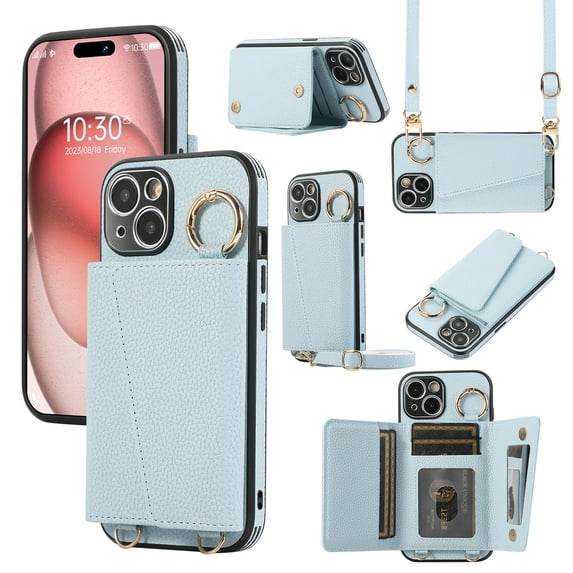 Crossbody Wallet Case for iPhone 14 Plus with Lens Protective Film, Folio PU Leather Case with Card Holder, Shockproof Protection Ring Buckle Phone Case for iPhone 14 Plus, Blue