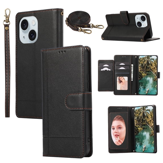 Crossbody Wallet Case for iPhone 14 Plus, PU Leather Case Wallet with Lanyard Strap, Card Holder and Make-up Mirror, Full Protection Anti-Scratch Flip Stand Cover for iPhone 14 Plus, Black