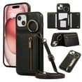 thumbnail image 1 of Crossbody Wallet Case for iPhone 14 Plus, with Shoulder Strap Card Slots Ring Holder, Magnetic Flip Folio Zipper Purse Case, PU Leather Kickstand Cover Handbag for iPhone 14 Plus, Black, 1 of 10