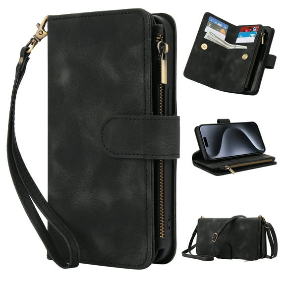 Crossbody Wallet Case for iPhone 14, Premium PU Leather Phone Case with RFID Blocking Card Holder Zipper, Wrist Strap & Lanyard, Flip Stand Purse Cover for iPhone 14, Black
