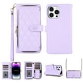 thumbnail image 1 of Crossbody Wallet Case for iPhone 14 Pro Chain Lanyard & Wrist Hand Strap Case with Card Slots Zipper Pocket Kickstand, Premium PU Leather Magnetic Clasp Shockproof Flip Cover, Purple, 1 of 9