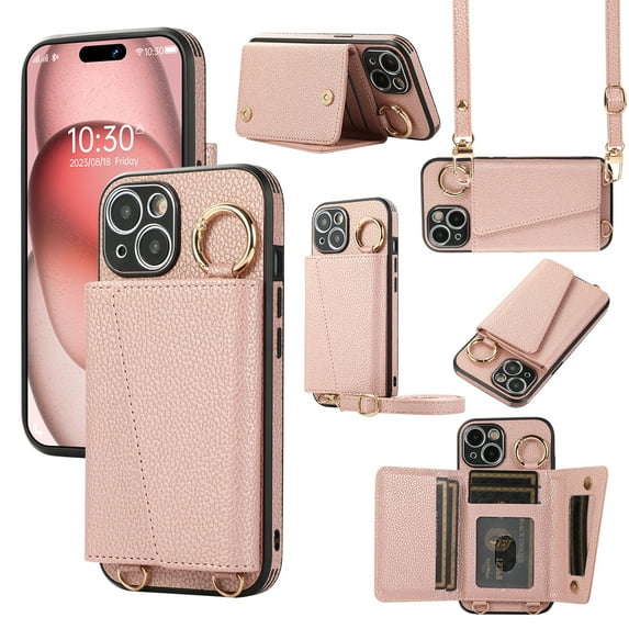 Crossbody Wallet Case for iPhone 14 Pro with Lens Protective Film, Folio PU Leather Case with Card Holder, Shockproof Protection Ring Buckle Phone Case for iPhone 14 Pro, Rosegold