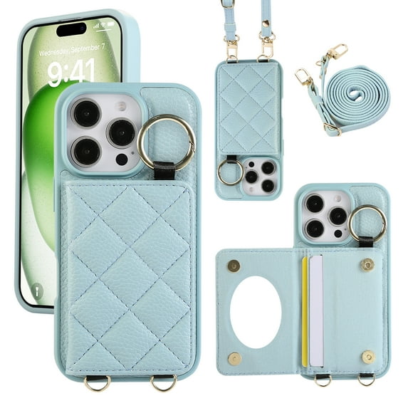 Crossbody Wallet Case for iPhone 14 Pro with Make-up Mirror, PU Leather Lanyard Purse Magnetic Clasp Card Holder, Flip Kickstand Shockproof Phone Cover for iPhone 14 Pro, Blue