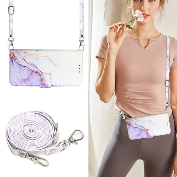 Crossbody Wallet Case for iPhone 14 Pro, Marble Pattern Luxury PU Leather Detachable Shoulder Strap Lanyard Magnetic Clasp Flip Cover with Card Slots Holder Kickstand Case, Purple & White