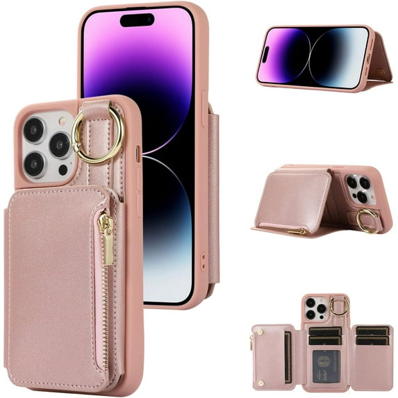 Crossbody Wallet Case for iPhone 14 Pro Max 6.7 inch, Card Holder Folio Cover Kickstand RFID Blocking Phone Case PU Leather Zipper Purse Wrist Strap Lanyard Flip Case for Women - Rose Gold