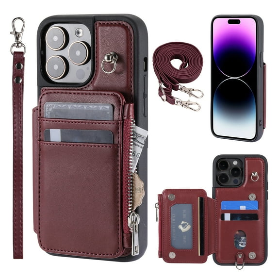Crossbody Wallet Case for iPhone 14 Pro Max with Card Slot Holder, Magnetic Flip Folio Purse Case, PU Leather Zipper Handbag with Detachable Lanyard Strap & Shoulder Strap, Winered