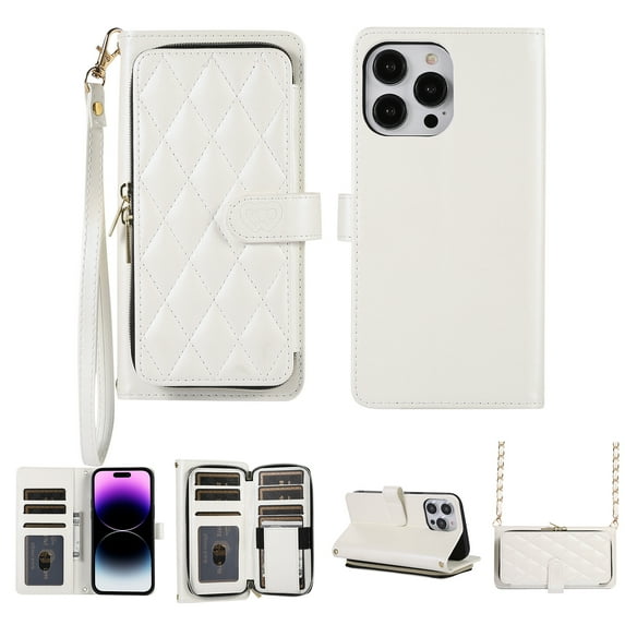 Crossbody Wallet Case for iPhone 14 Pro Max Chain Lanyard & Wrist Hand Strap Case with Card Slots Zipper Pocket Kickstand, Premium PU Leather Magnetic Clasp Shockproof Flip Cover, White