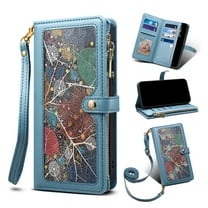 Crossbody Wallet Case for iPhone 14 Pro Max, Embroidery Pattern with Card Slots Zipper Pocket Magnetic PU Leather Kickstand Detachable Shoulder Strap Purse Case For iPhone 14 Pro Max, Blue