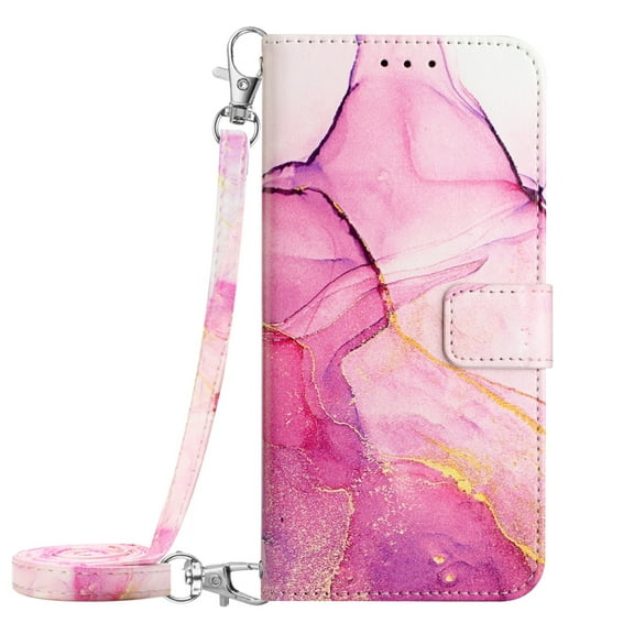Crossbody Wallet Case for iPhone 14 Pro Max, Marble Pattern Luxury PU Leather Detachable Shoulder Strap Lanyard Magnetic Clasp Flip Cover with Card Slots Holder Kickstand Case, Rose