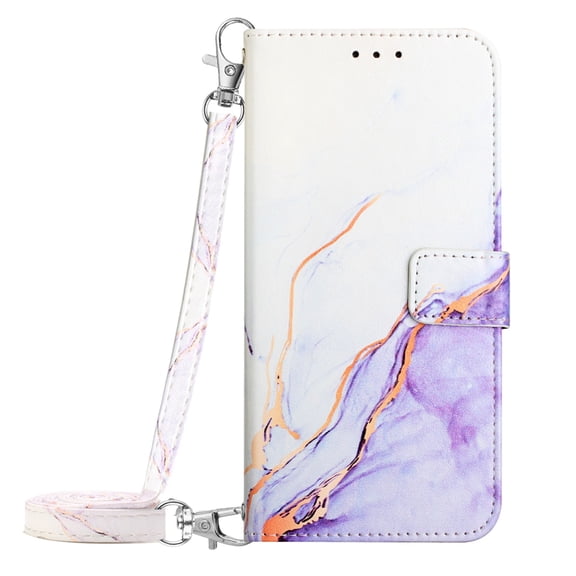 Crossbody Wallet Case for iPhone 14 Pro Max, Marble Pattern Luxury PU Leather Detachable Shoulder Strap Lanyard Magnetic Clasp Flip Cover with Card Slots Holder Kickstand Case, Purple & White
