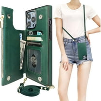 Crossbody Wallet Case for iPhone 14 Pro Max with RFID Blocking Card Slot Holder, Magnetic Flip Folio Purse Case, PU Leather Zipper Handbag with Detachable Lanyard Strap 6.7 Inch 5G (Green)