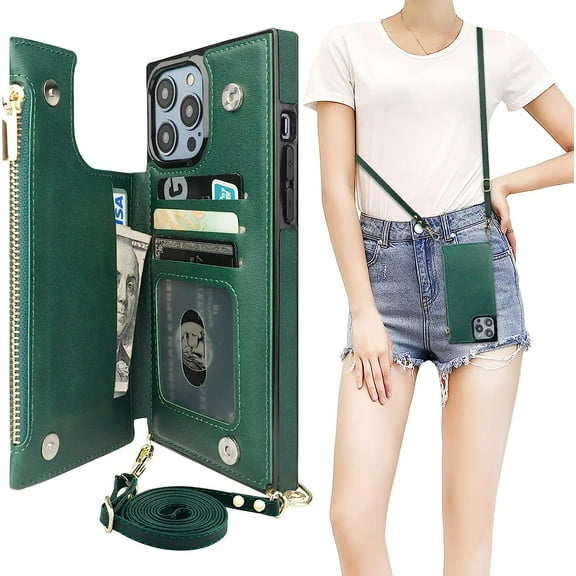 Crossbody Wallet Case for iPhone 14 Pro Max with RFID Blocking Card Slot Holder, Magnetic Flip Folio Purse Case, PU Leather Zipper Handbag with Detachable Lanyard Strap 6.7 Inch 5G (Green)
