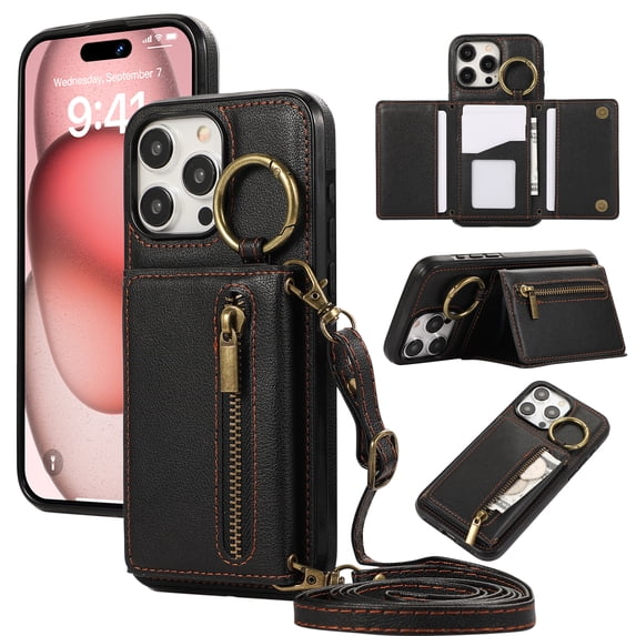 Crossbody Wallet Case for iPhone 14 Pro Max, with Shoulder Strap Card Slots Ring Holder, Magnetic Flip Folio Zipper Purse Case, PU Leather Kickstand Cover Handbag for iPhone 14 Pro Max, Black