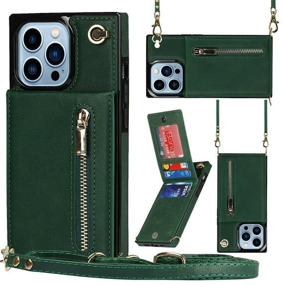 Crossbody Wallet Case for iPhone 14 Pro Max, Zipper Pocket Case with Card Holder, PU Leather RFID Blocking Protective Cover Case with Kickstand Detachable Wrist Strap Lanyard 6.7", Green