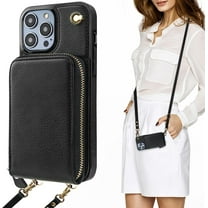 Crossbody Wallet Case for iPhone 14 Pro Max, Zipper Pocket Case with Card Holder, PU Leather RFID Blocking Protective Cover Case with Kickstand Detachable Wrist Strap Lanyard 6.7" (Black)