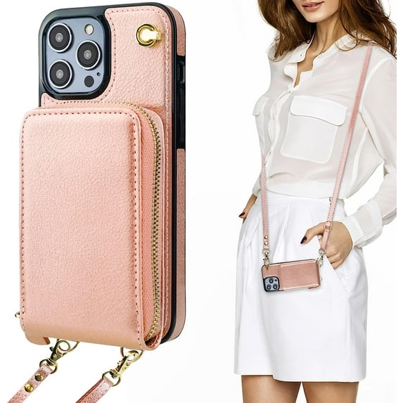 Crossbody Wallet Case for iPhone 14 Pro Max, Zipper Pocket Case with Card Holder, PU Leather RFID Blocking Protective Cover Case with Kickstand Detachable Wrist Strap Lanyard 6.7" (Rose Gold)